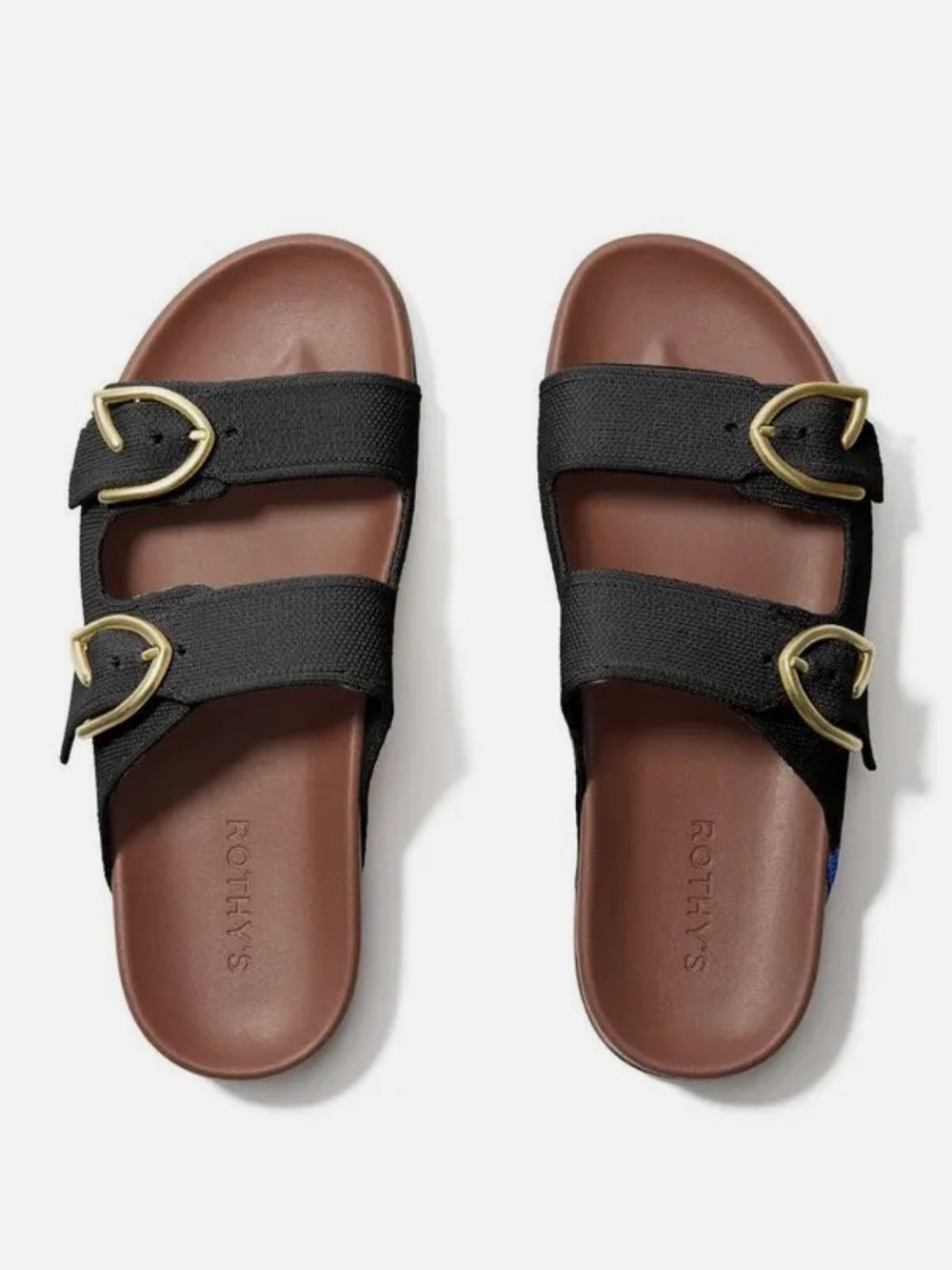 Rothy's Black Double-Strap Slide Sandals with Gold Buckles